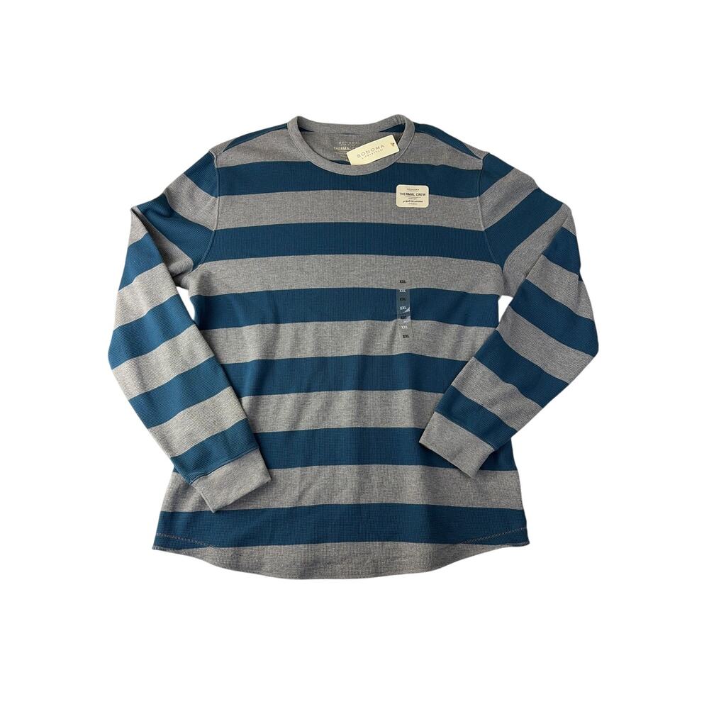 Sonoma Mens Thermal Long Sleeve Shirt XXL Blue Grey Striped NWT Casual
